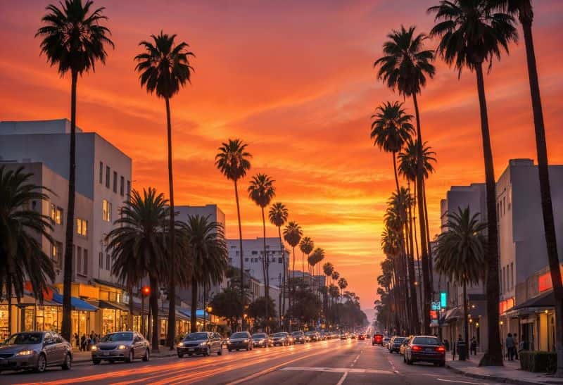 Palm tree-lined street in Los Angeles at sunset