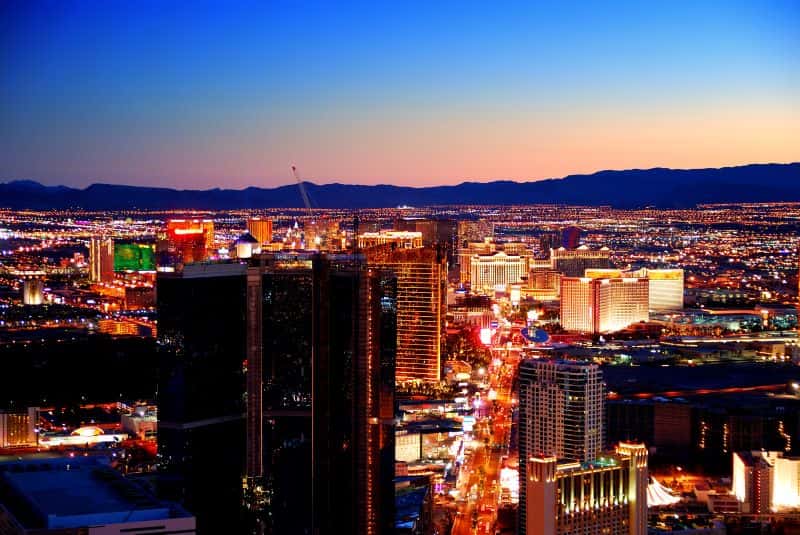 Las Vegas Strip lit up at sunset