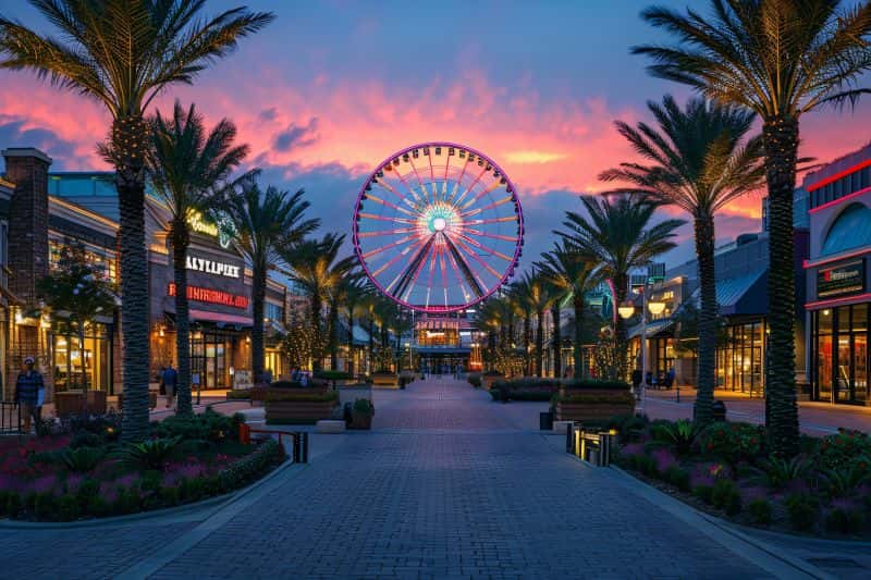Miami promenade with palm trees and a Ferris wheel at sunset